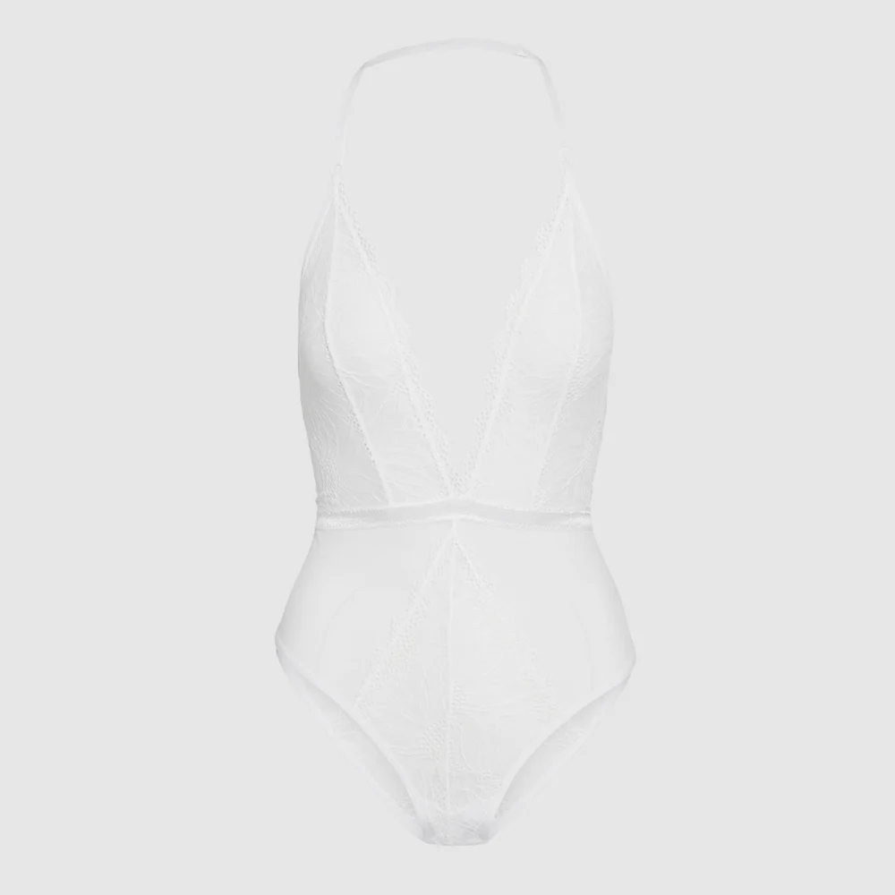Saffron Floral Lace Halter Teddy Sheer Mesh White Lingerie
